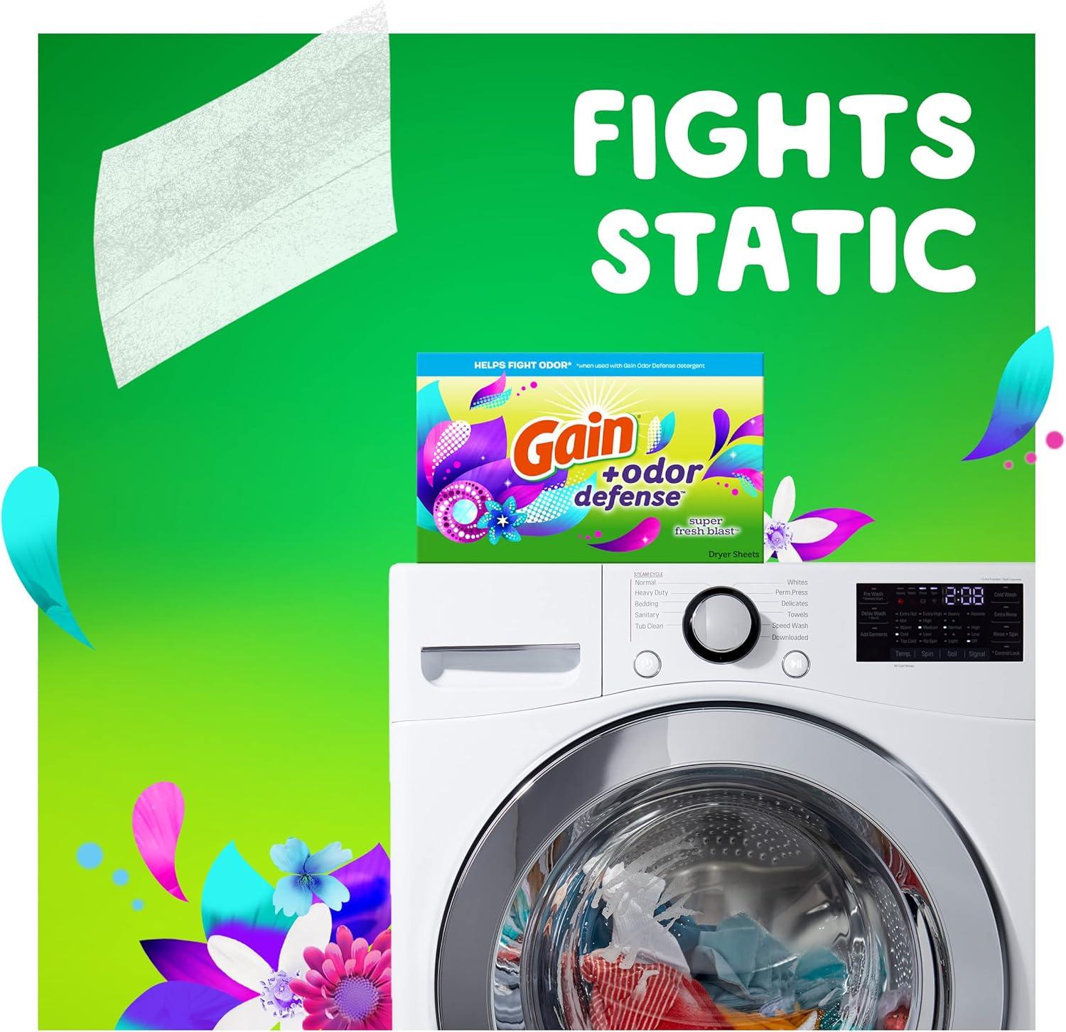 imageGain Dryer Sheets Plus Odor Defense Super Fresh Blast Scent 120 Count Helps fight static and odor laundry sheetsSuper Fresh Blast