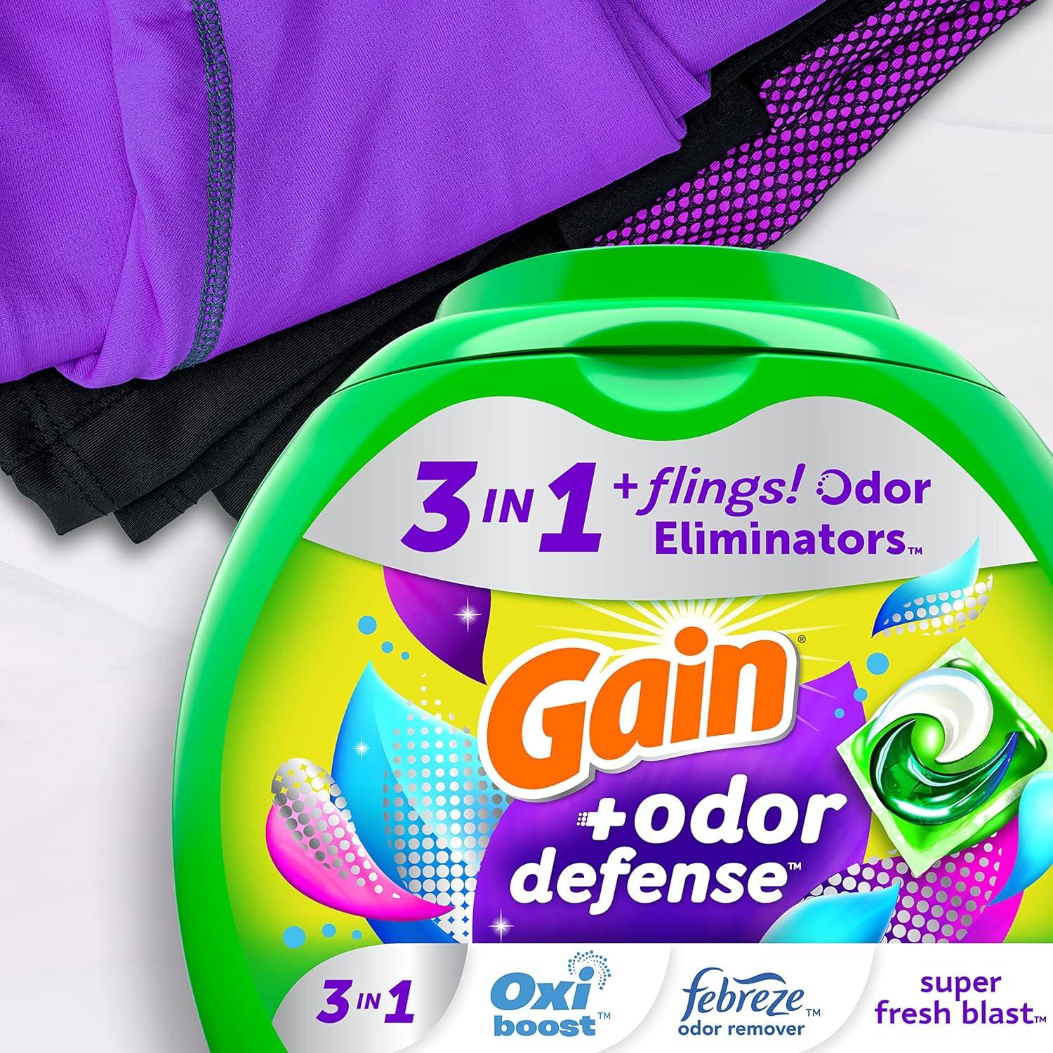 imageGain Flings Laundry Detergent Pacs with Odor Defense 76 Count Super Fresh Blast Scent HE 3in1 Detergent Pacs with Febreze and OxiSuper Fresh Blast