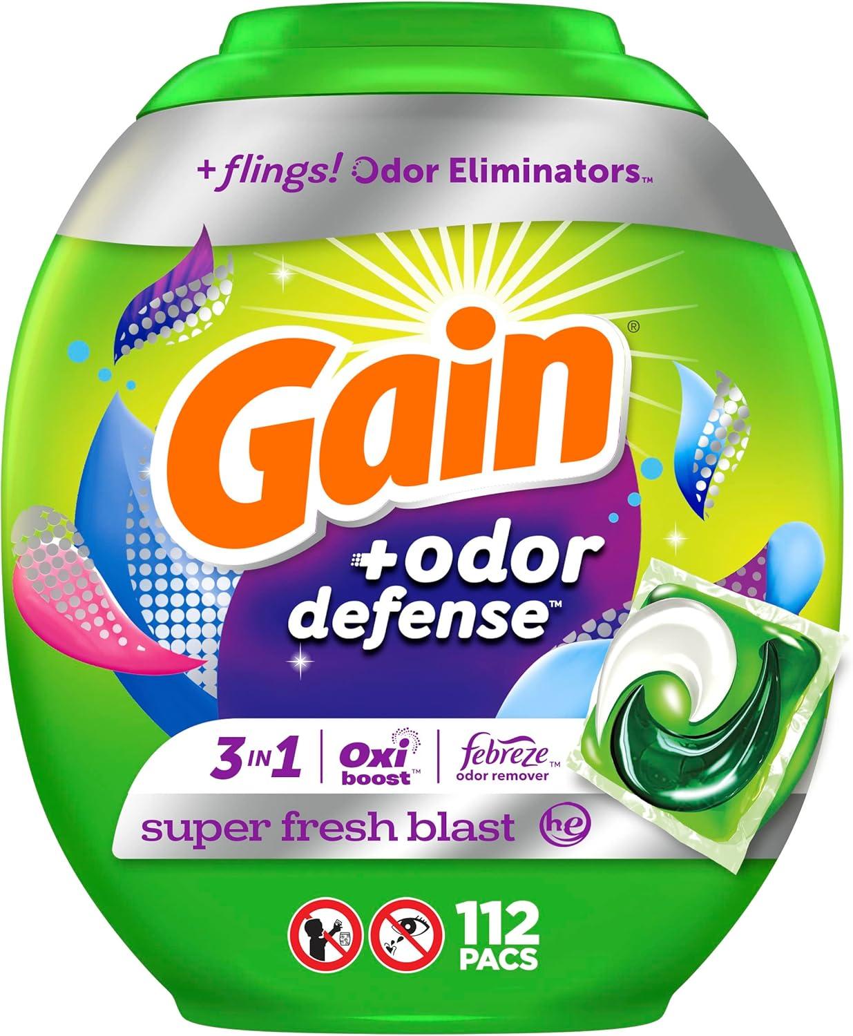 imageGain Flings Laundry Detergent Pacs with Odor Defense 76 Count Super Fresh Blast Scent HE 3in1 Detergent Pacs with Febreze and OxiSuper Fresh Blast