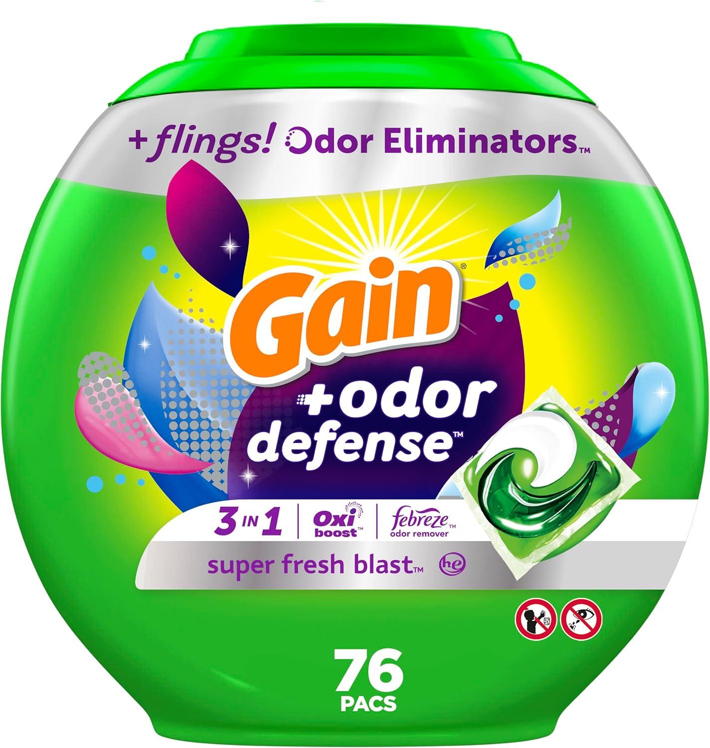 imageGain Flings Laundry Detergent Pacs with Odor Defense 76 Count Super Fresh Blast Scent HE 3in1 Detergent Pacs with Febreze and OxiSuper Fresh Blast