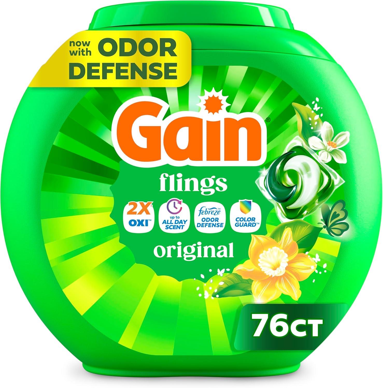 imageGain Flings Liquid Washing Detergent Pacs Now with Odor Defense Color Guard Original Scent 4In1 Liquid Laundry Detergent Pods Clean amp Fresh 76 Count Packaging May VaryOriginal