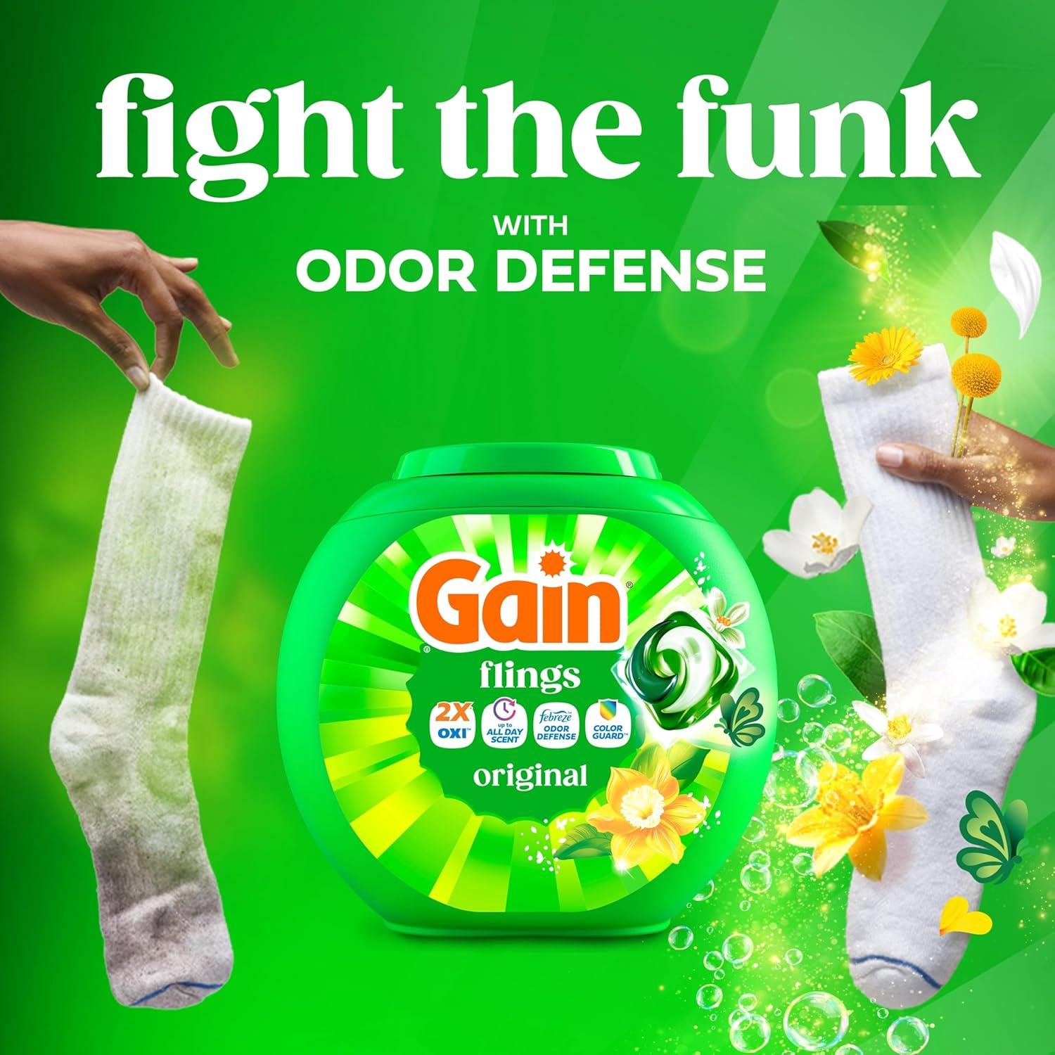 imageGain Flings Liquid Washing Detergent Pacs Now with Odor Defense Color Guard Original Scent 4In1 Liquid Laundry Detergent Pods Clean amp Fresh 76 Count Packaging May VaryOriginal
