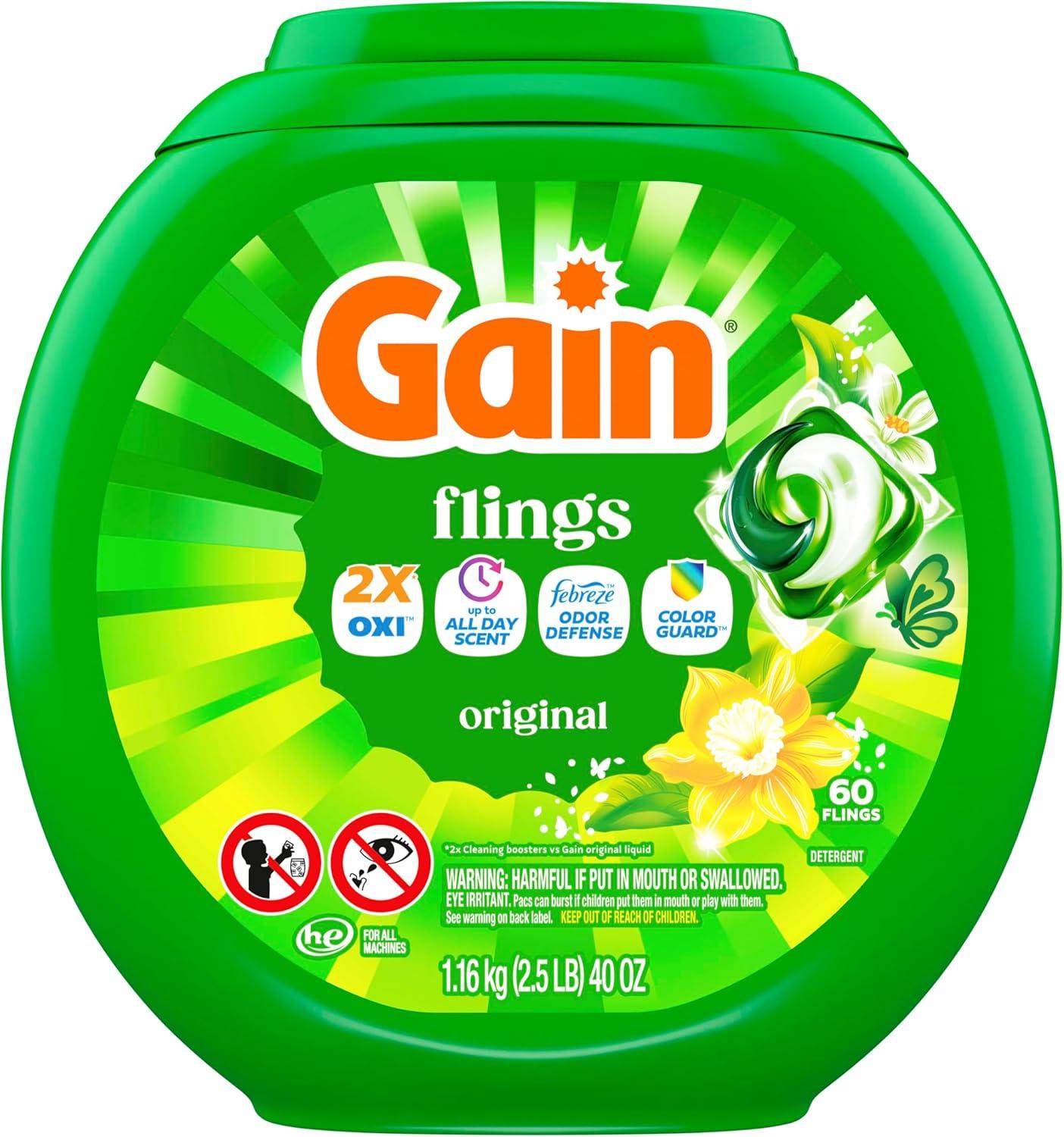 imageGain Flings Liquid Washing Detergent Pacs Now with Odor Defense Color Guard Original Scent 4In1 Liquid Laundry Detergent Pods Clean amp Fresh 76 Count Packaging May VaryOriginal