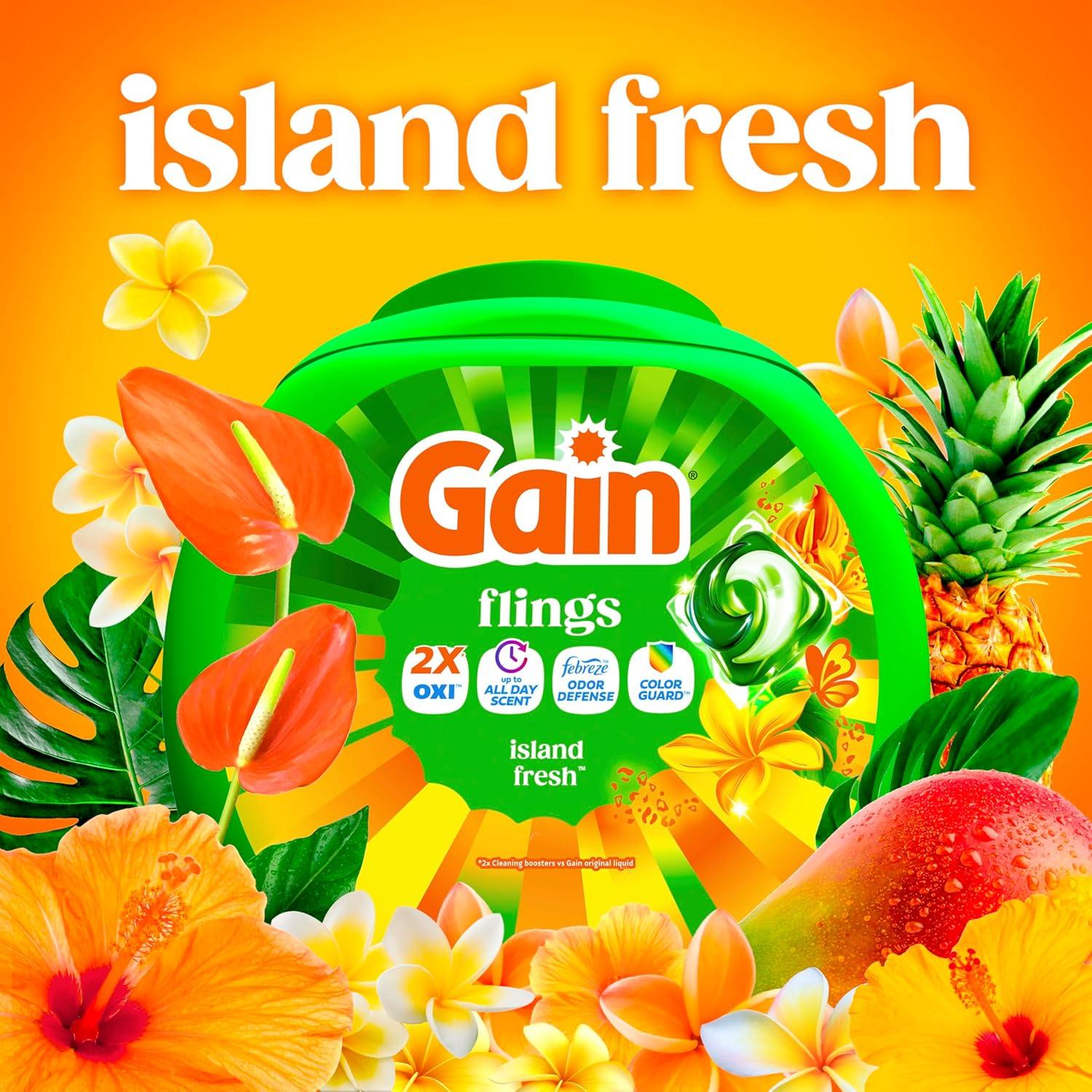 imageGain Flings Liquid Washing Detergent Pacs with Odor Defense Color Guard Island Fresh Scent 4In1 Liquid Laundry Detergent Pods Clean amp Fresh 60 Count Packaging May VaryIsland Fresh