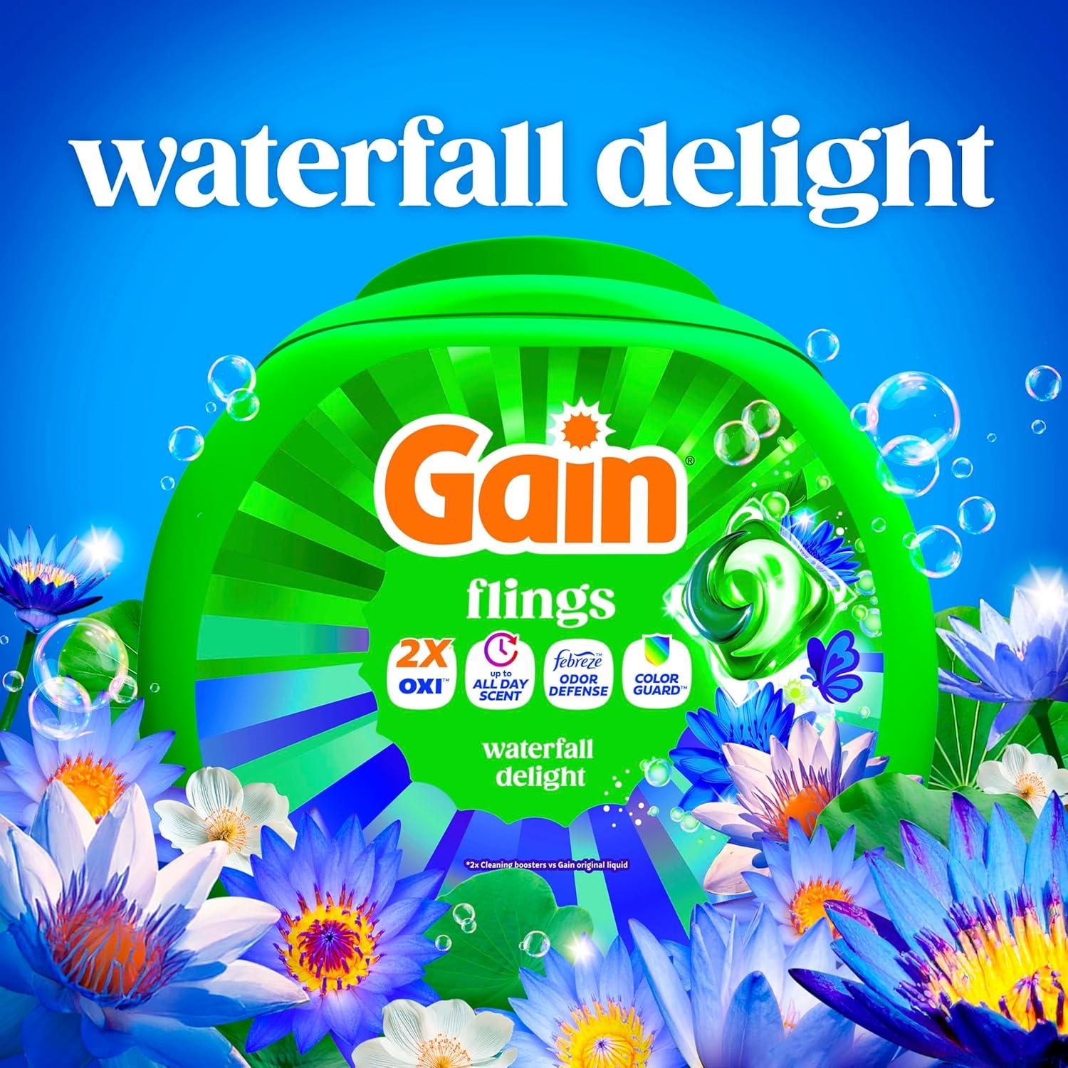 imageGain Flings Liquid Washing Detergent Pods Now with Odor Defense Color Guard Waterfall Delight Scent 4In1 liquid laundry detergent pacs clean amp fresh 76 Count Packaging May VaryWaterfall Delight