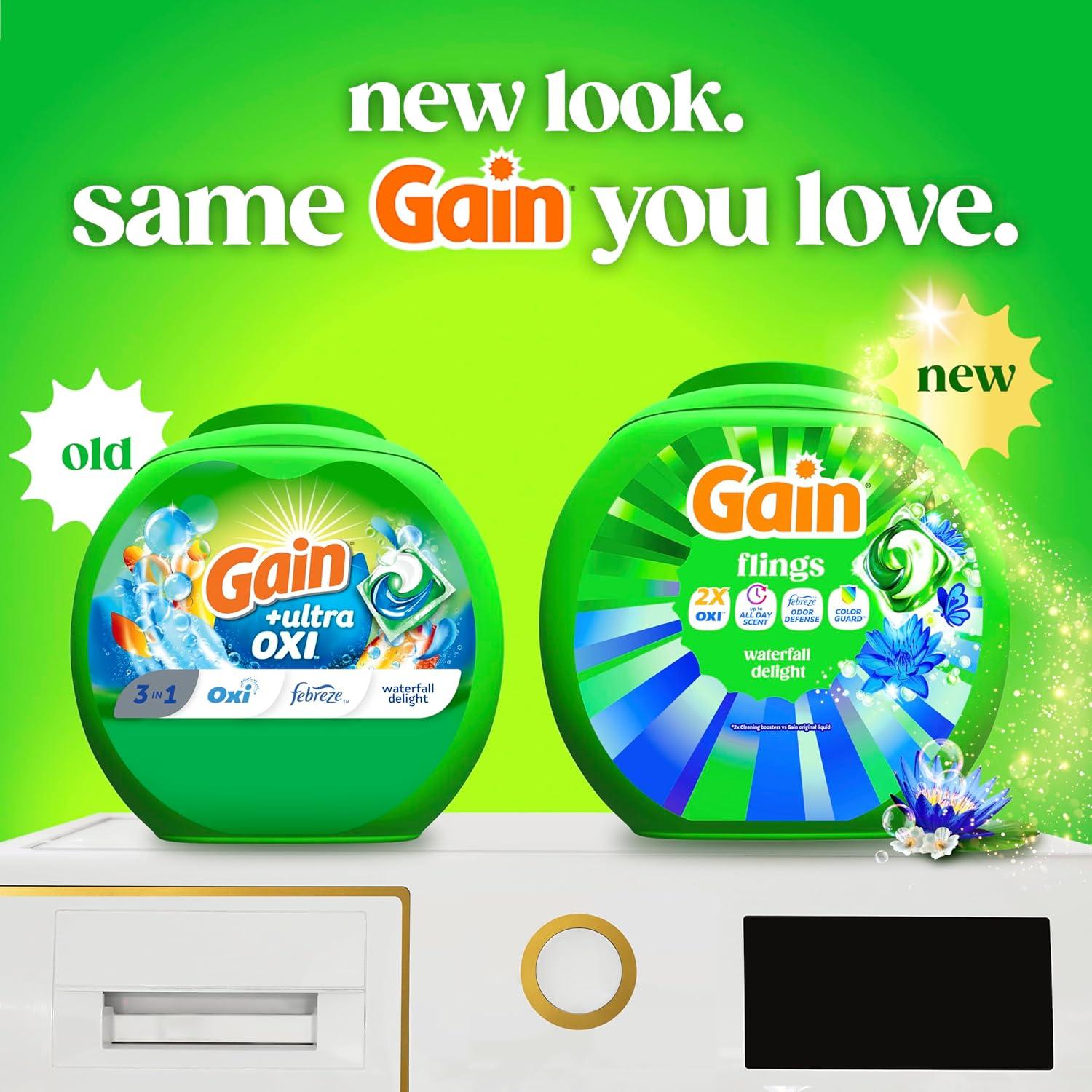 imageGain Flings Liquid Washing Detergent Pods Now with Odor Defense Color Guard Waterfall Delight Scent 4In1 liquid laundry detergent pacs clean amp fresh 76 Count Packaging May VaryWaterfall Delight