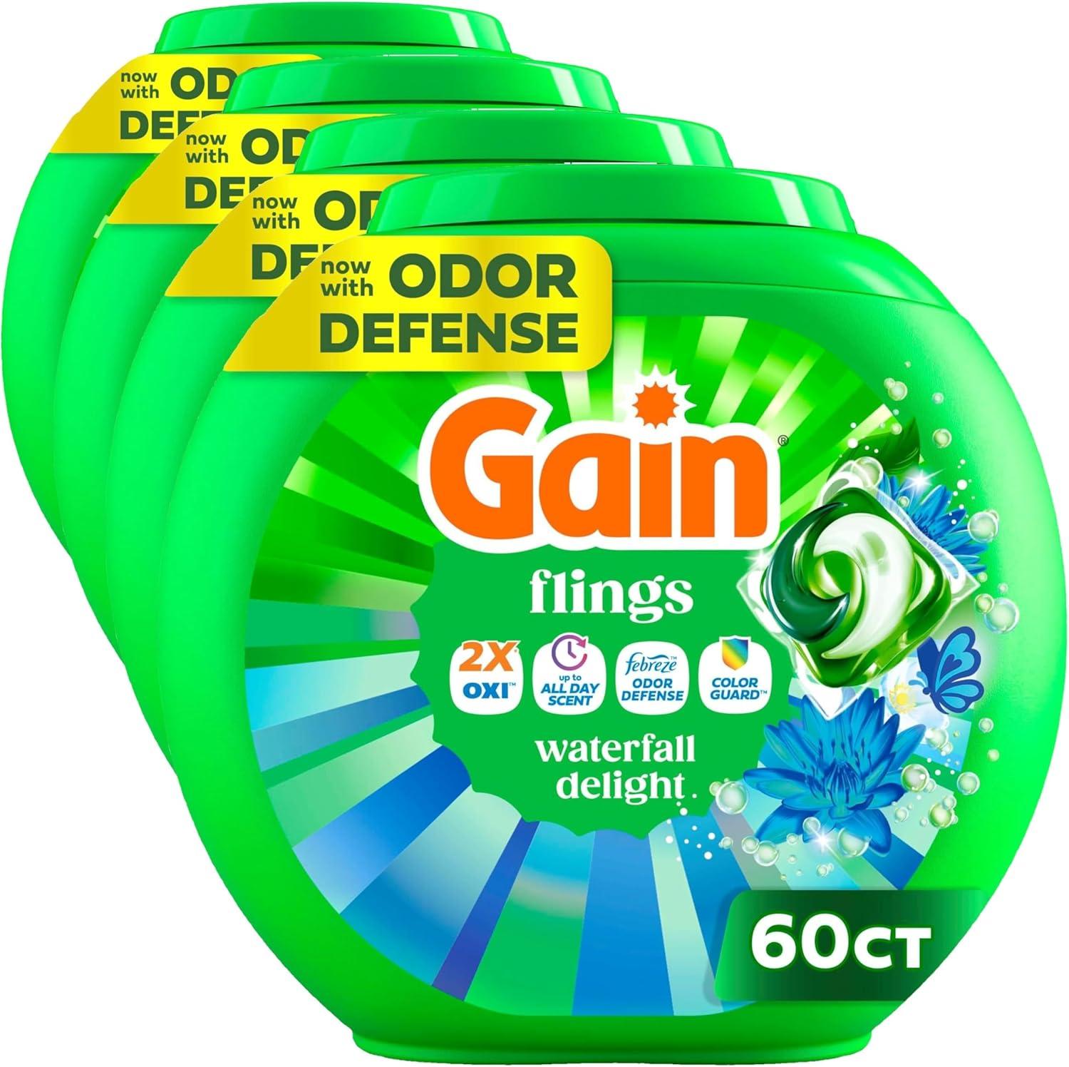 imageGain Flings Liquid Washing Detergent Pods Now with Odor Defense Color Guard Waterfall Delight Scent 4In1 liquid laundry detergent pacs clean amp fresh 76 Count Packaging May VaryWaterfall Delight