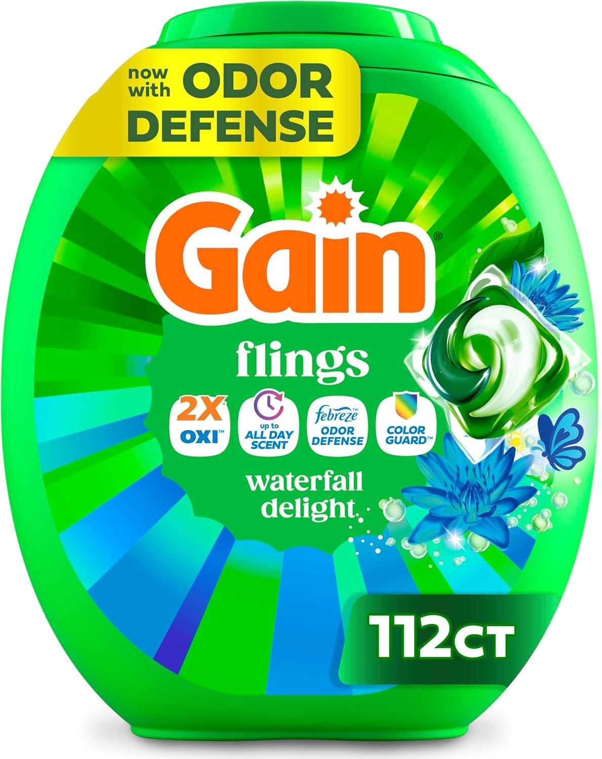 imageGain Flings Liquid Washing Detergent Pods Now with Odor Defense Color Guard Waterfall Delight Scent 4In1 liquid laundry detergent pacs clean amp fresh 76 Count Packaging May VaryWaterfall Delight