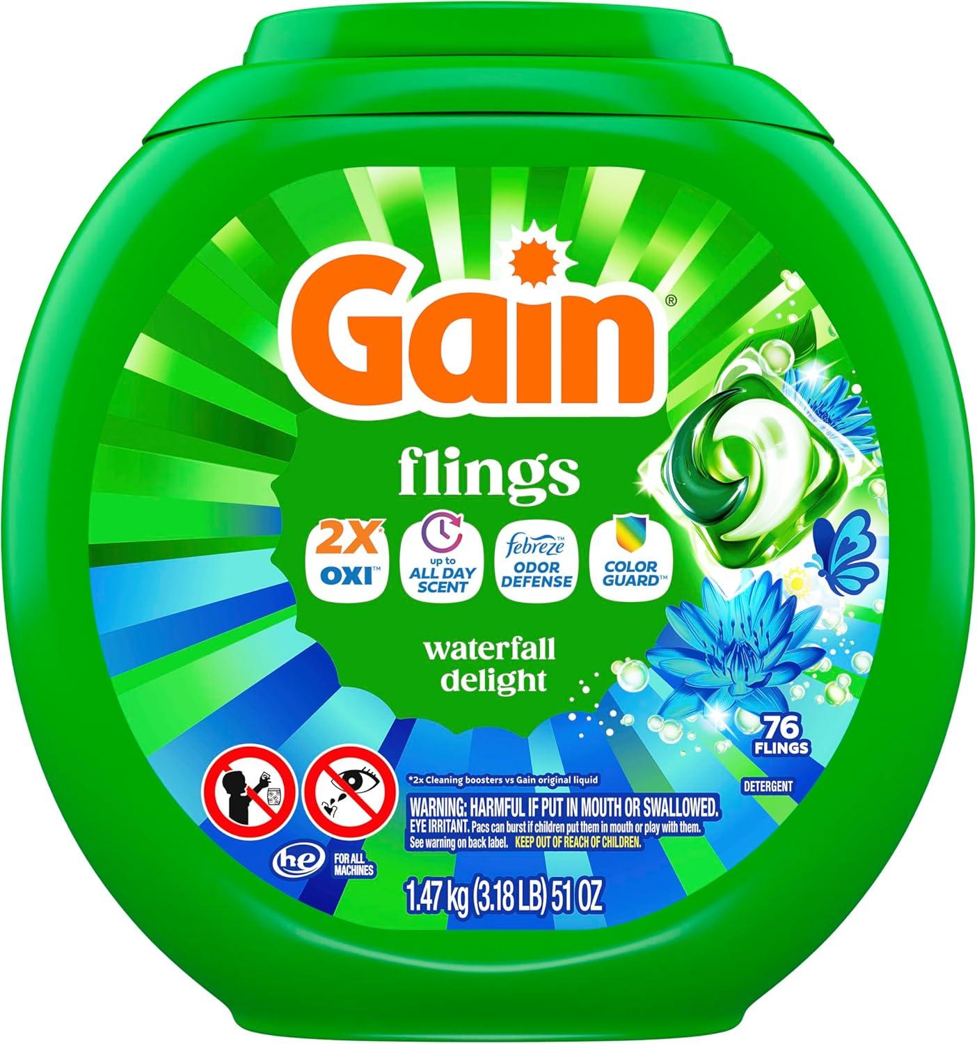 imageGain Flings Liquid Washing Detergent Pods Now with Odor Defense Color Guard Waterfall Delight Scent 4In1 liquid laundry detergent pacs clean amp fresh 76 Count Packaging May VaryWaterfall Delight