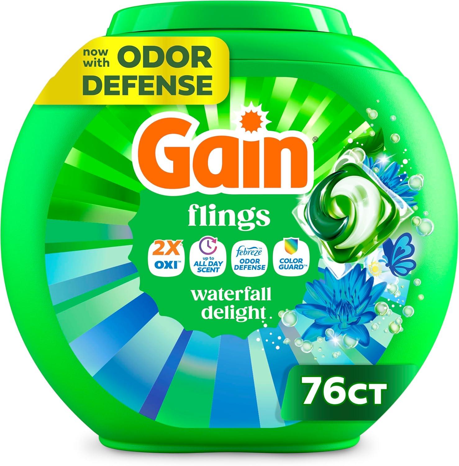 imageGain Flings Liquid Washing Detergent Pods Now with Odor Defense Color Guard Waterfall Delight Scent 4In1 liquid laundry detergent pacs clean amp fresh 76 Count Packaging May VaryWaterfall Delight