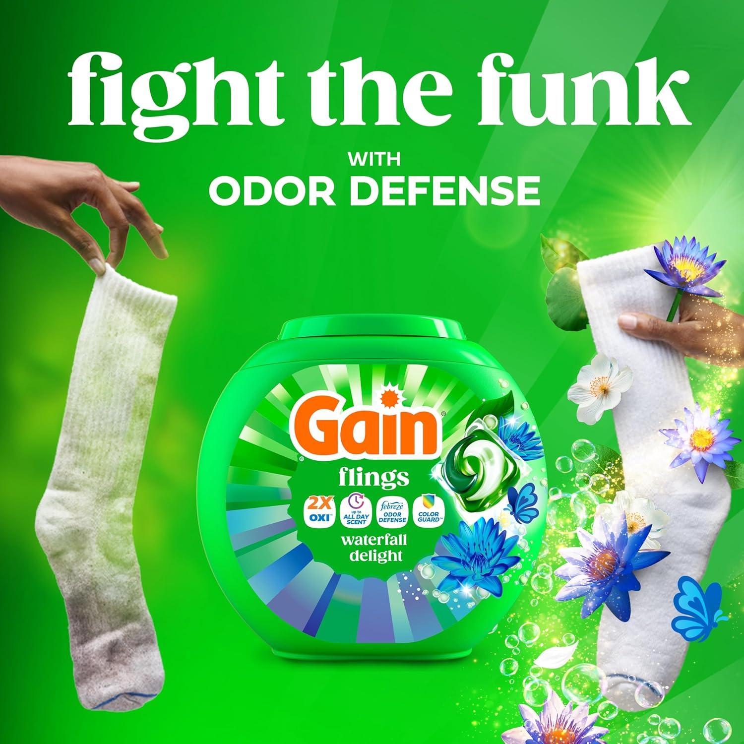 imageGain Flings Liquid Washing Detergent Pods Now with Odor Defense Color Guard Waterfall Delight Scent 4In1 liquid laundry detergent pacs clean amp fresh 76 Count Packaging May VaryWaterfall Delight