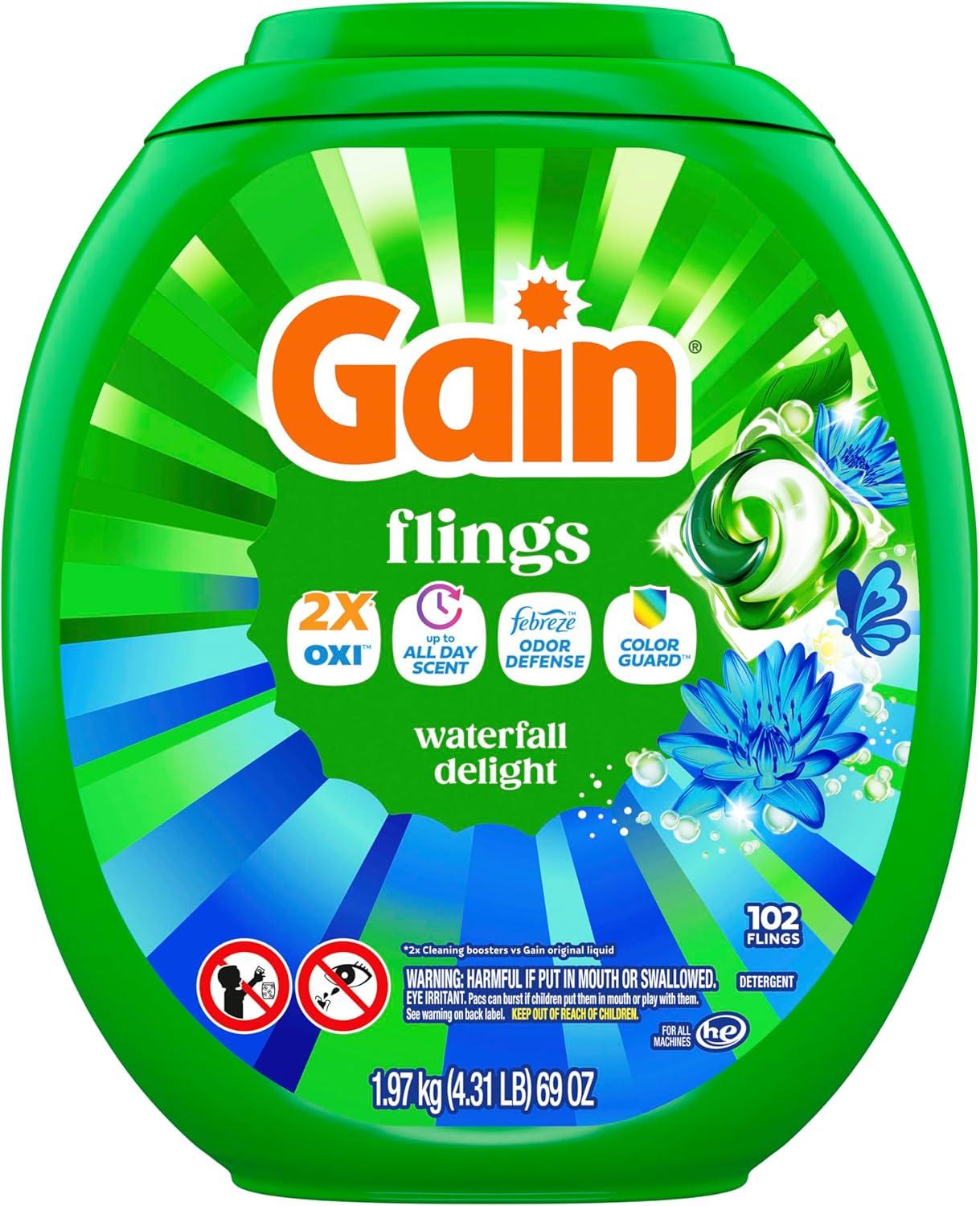 imageGain Flings Liquid Washing Detergent Pods Now with Odor Defense Color Guard Waterfall Delight Scent 4In1 liquid laundry detergent pacs clean amp fresh 76 Count Packaging May VaryWaterfall Delight