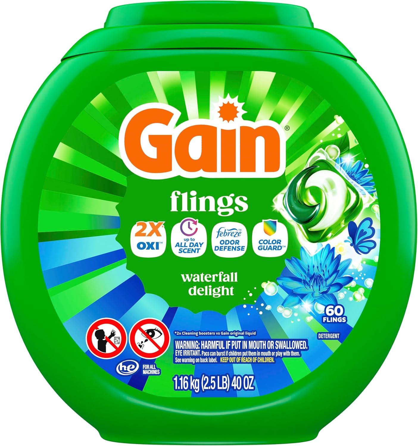 imageGain Flings Liquid Washing Detergent Pods Now with Odor Defense Color Guard Waterfall Delight Scent 4In1 liquid laundry detergent pacs clean amp fresh 76 Count Packaging May VaryWaterfall Delight