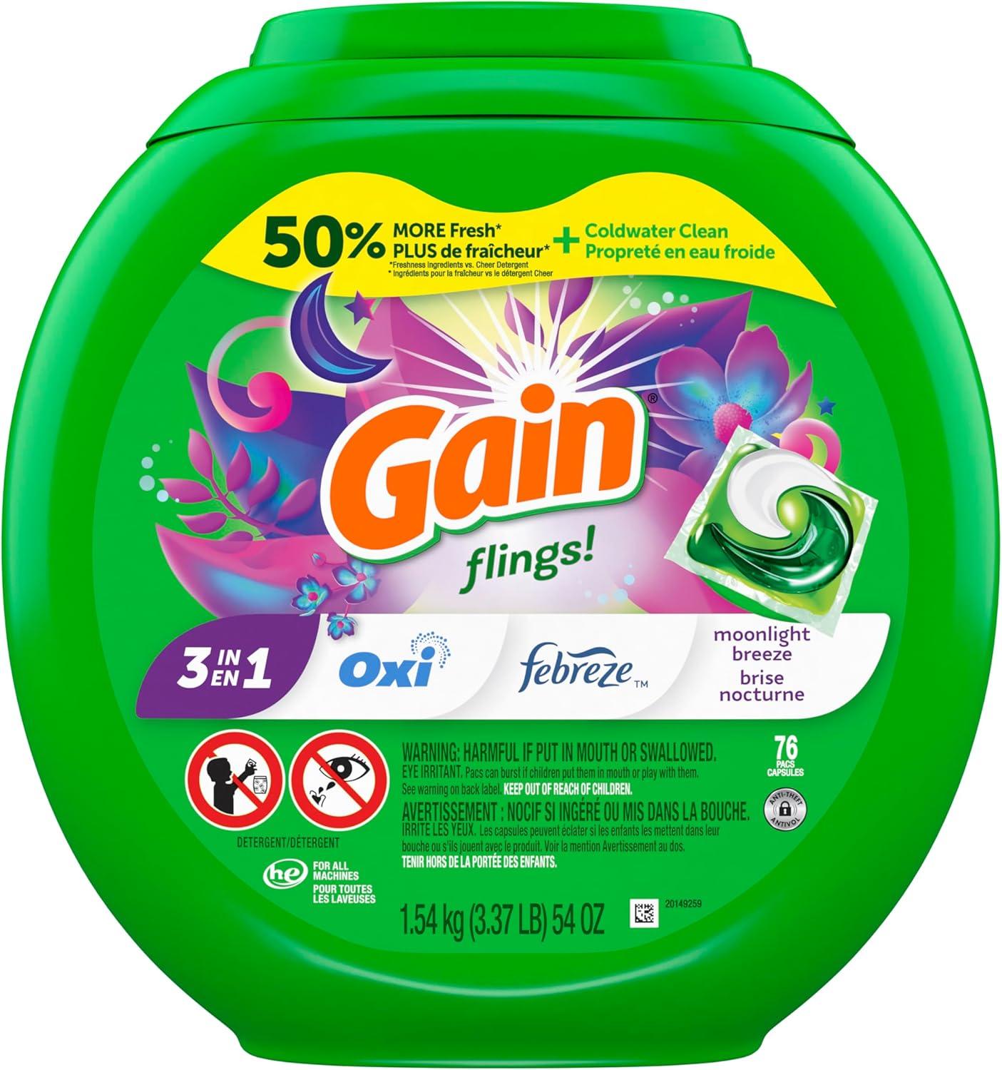 imageGain Flings Liquid Washing Detergent Pods with Odor Defense Color Guard Moonlight Breeze Scent 4in1 Liquid Laundry Detergent Pacs Clean amp Fresh 42 Count Packaging May VaryMoonlight Breeze
