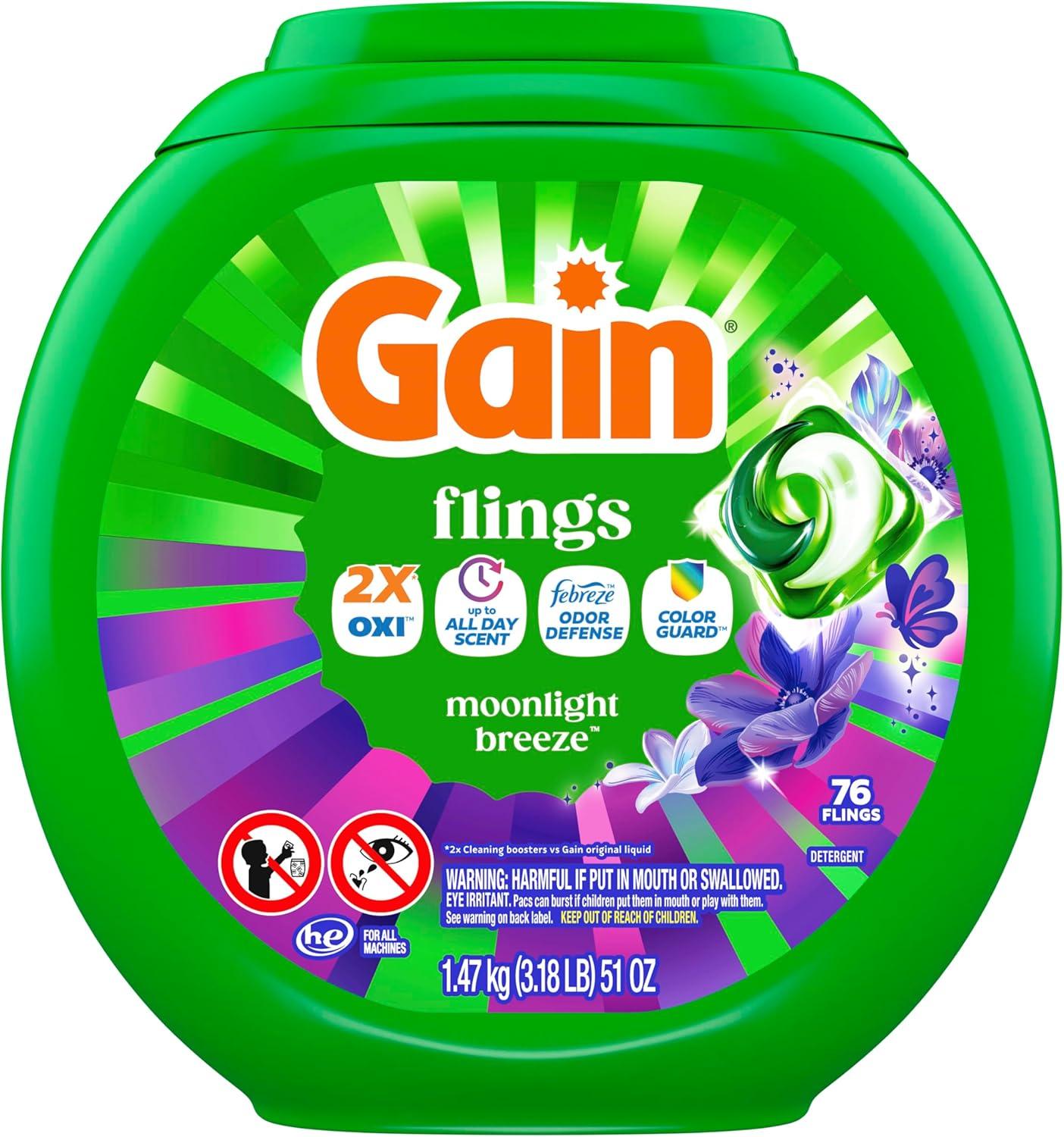 imageGain Flings Liquid Washing Detergent Pods with Odor Defense Color Guard Moonlight Breeze Scent 4in1 Liquid Laundry Detergent Pacs Clean amp Fresh 42 Count Packaging May VaryMoonlight Breeze