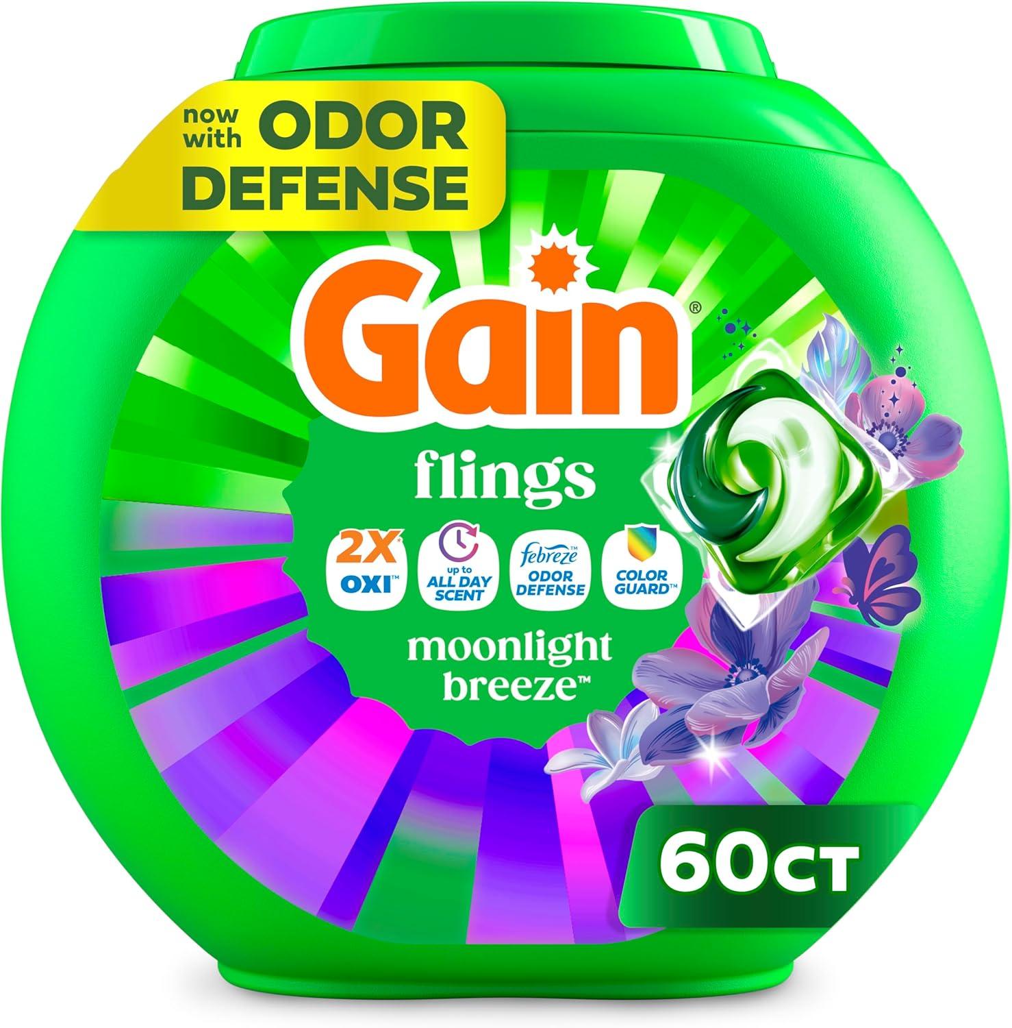 imageGain Flings Liquid Washing Detergent Pods with Odor Defense Color Guard Moonlight Breeze Scent 4in1 Liquid Laundry Detergent Pacs Clean amp Fresh 42 Count Packaging May VaryMoonlight Breeze