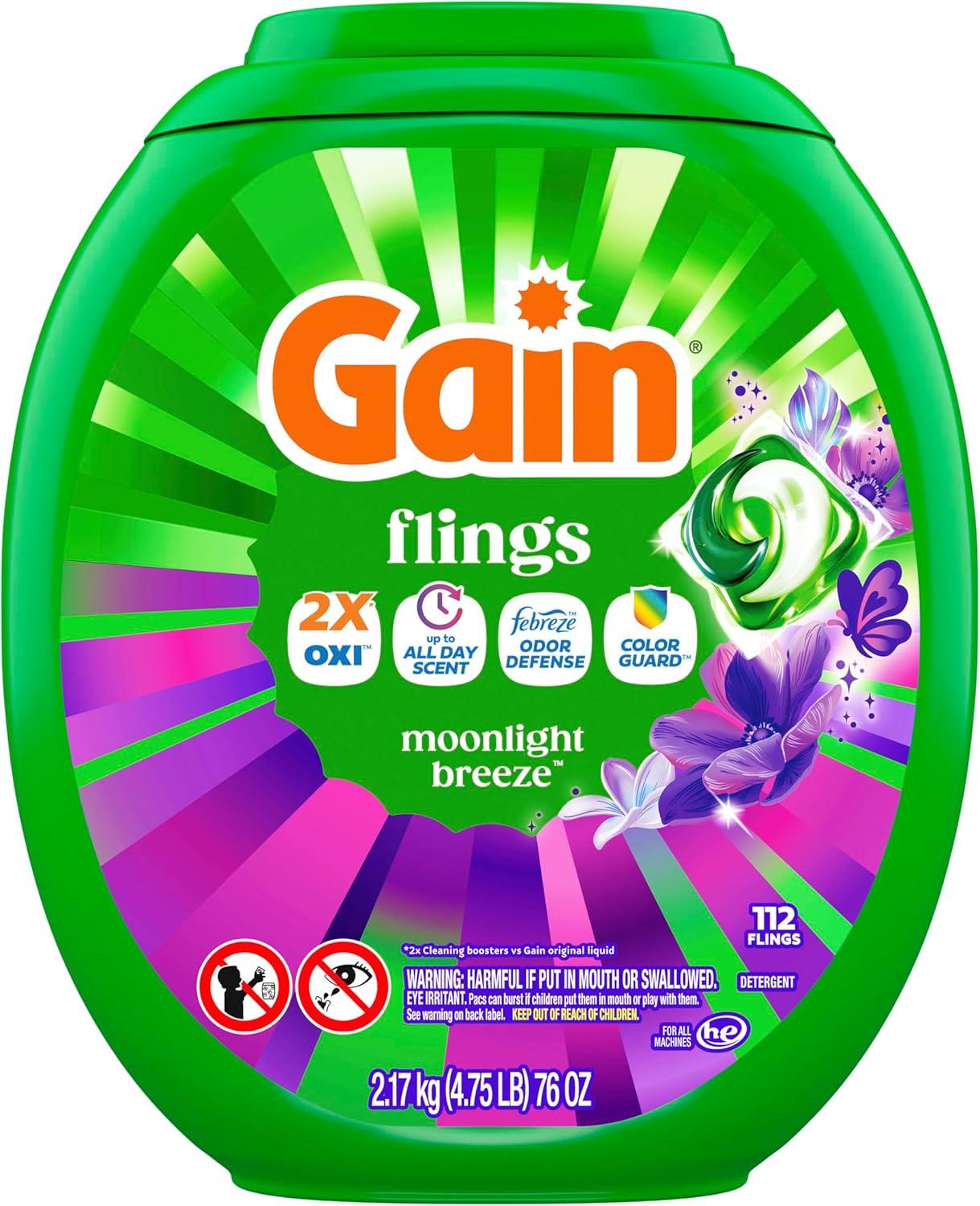 imageGain Flings Liquid Washing Detergent Pods with Odor Defense Color Guard Moonlight Breeze Scent 4in1 Liquid Laundry Detergent Pacs Clean amp Fresh 42 Count Packaging May VaryMoonlight Breeze