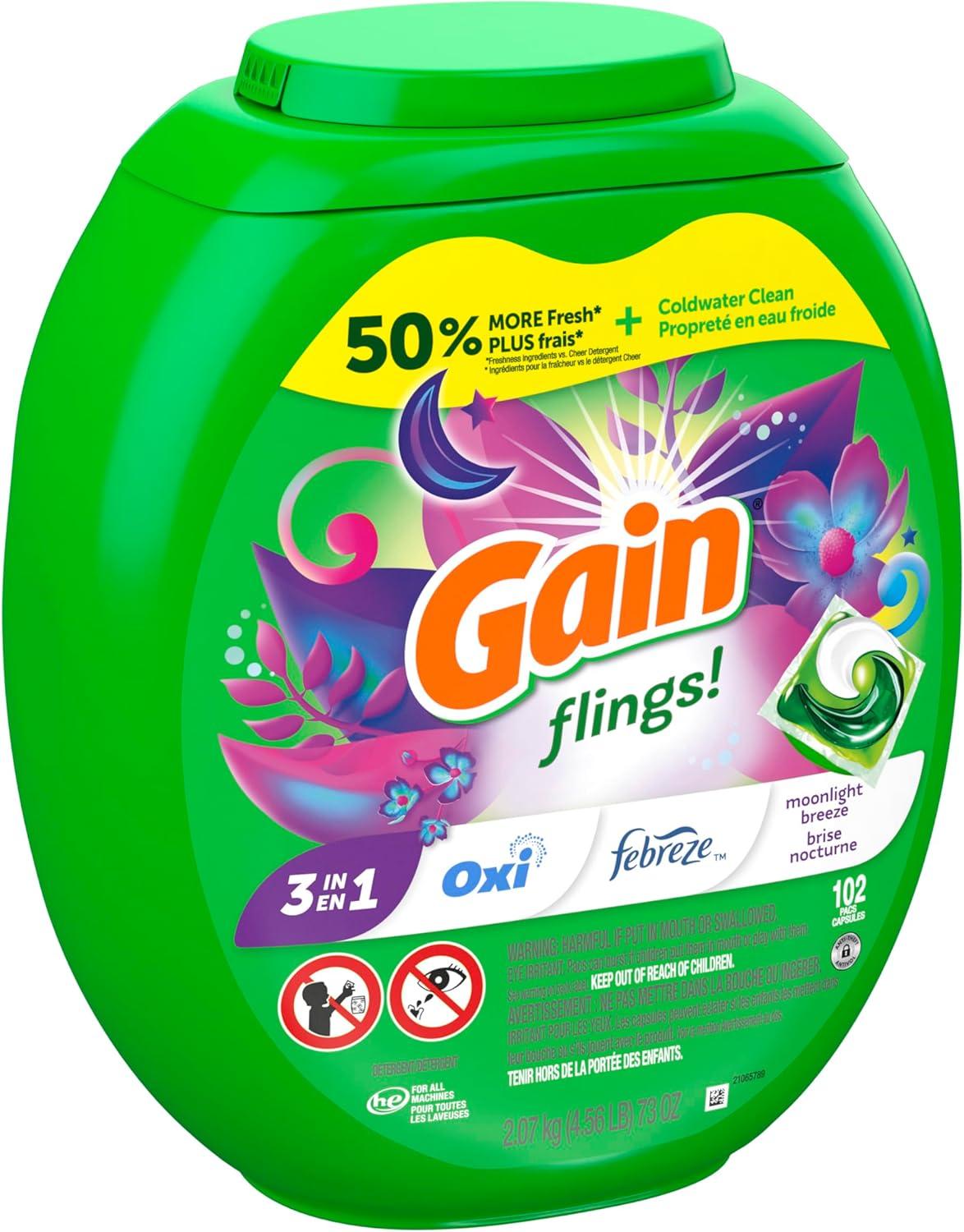 imageGain Flings Liquid Washing Detergent Pods with Odor Defense Color Guard Moonlight Breeze Scent 4in1 Liquid Laundry Detergent Pacs Clean amp Fresh 42 Count Packaging May VaryMoonlight Breeze