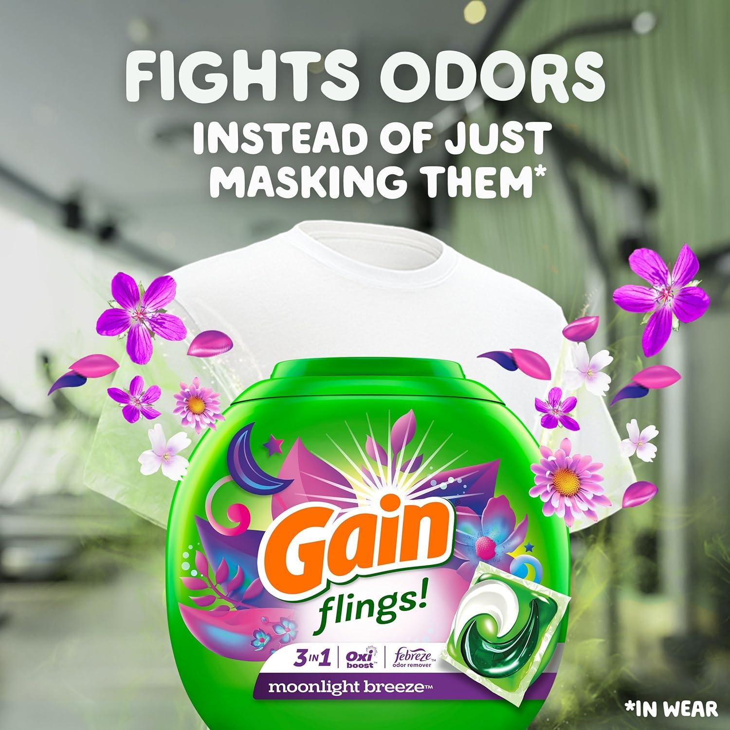 imageGain Flings Liquid Washing Detergent Pods with Odor Defense Color Guard Moonlight Breeze Scent 4in1 Liquid Laundry Detergent Pacs Clean amp Fresh 42 Count Packaging May VaryMoonlight Breeze