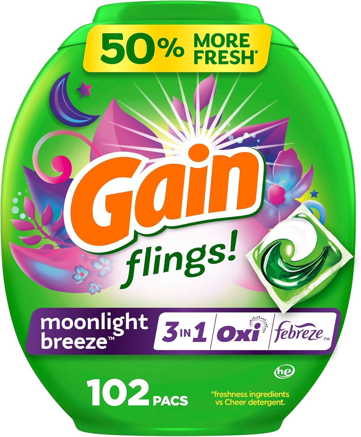 imageGain Flings Liquid Washing Detergent Pods with Odor Defense Color Guard Moonlight Breeze Scent 4in1 Liquid Laundry Detergent Pacs Clean amp Fresh 42 Count Packaging May VaryMoonlight Breeze