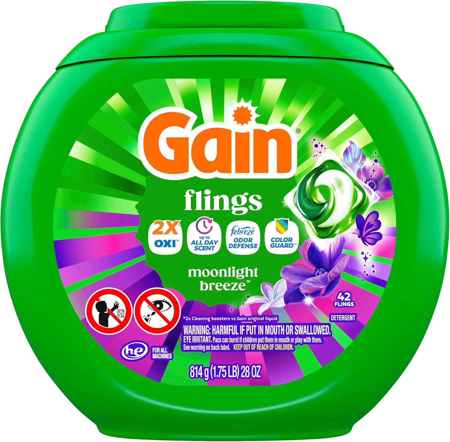 imageGain Flings Liquid Washing Detergent Pods with Odor Defense Color Guard Moonlight Breeze Scent 4in1 Liquid Laundry Detergent Pacs Clean amp Fresh 42 Count Packaging May VaryMoonlight Breeze
