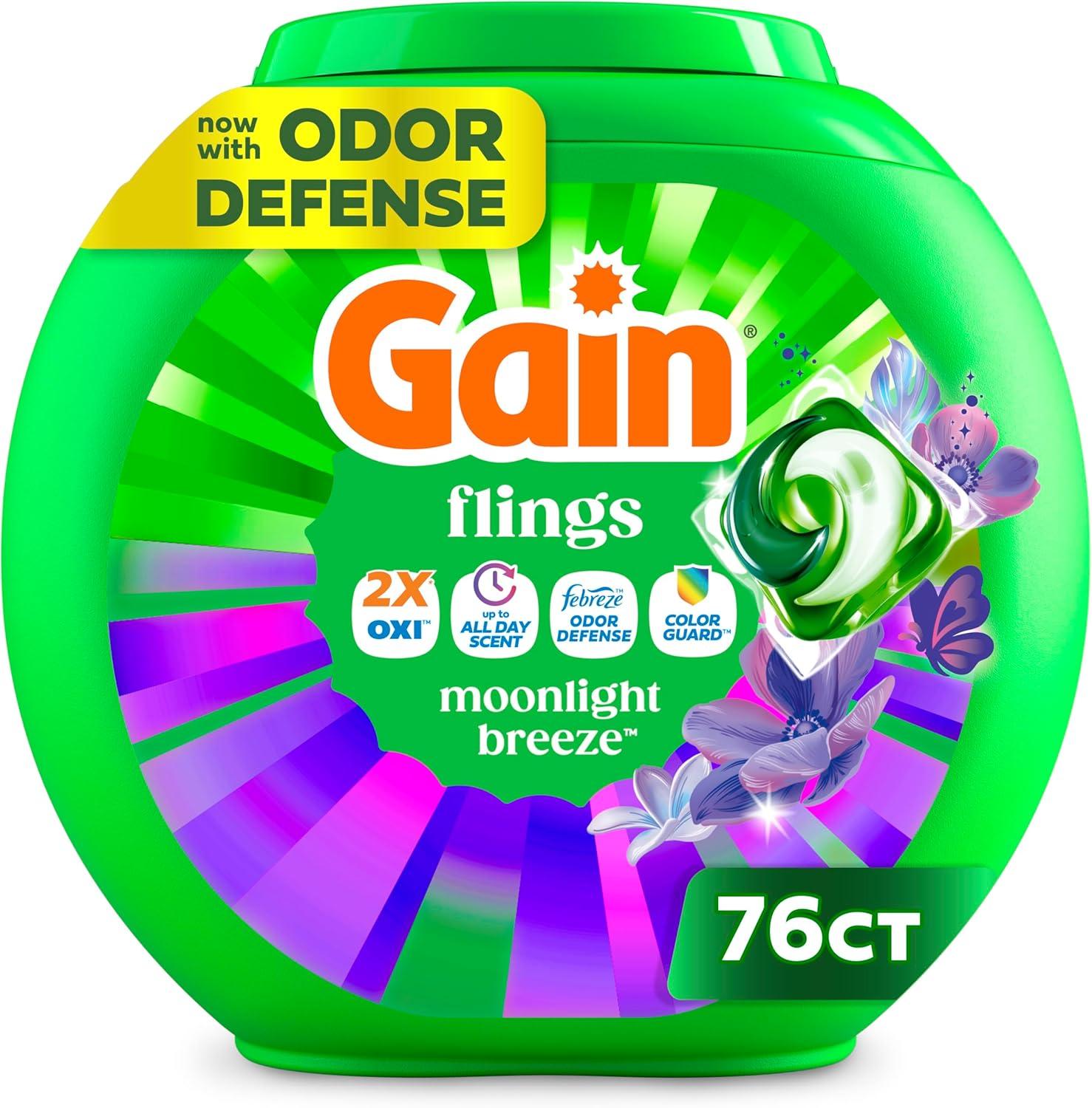 imageGain Flings Liquid Washing Detergent Pods with Odor Defense Color Guard Moonlight Breeze Scent 4in1 Liquid Laundry Detergent Pacs Clean amp Fresh 42 Count Packaging May VaryMoonlight Breeze