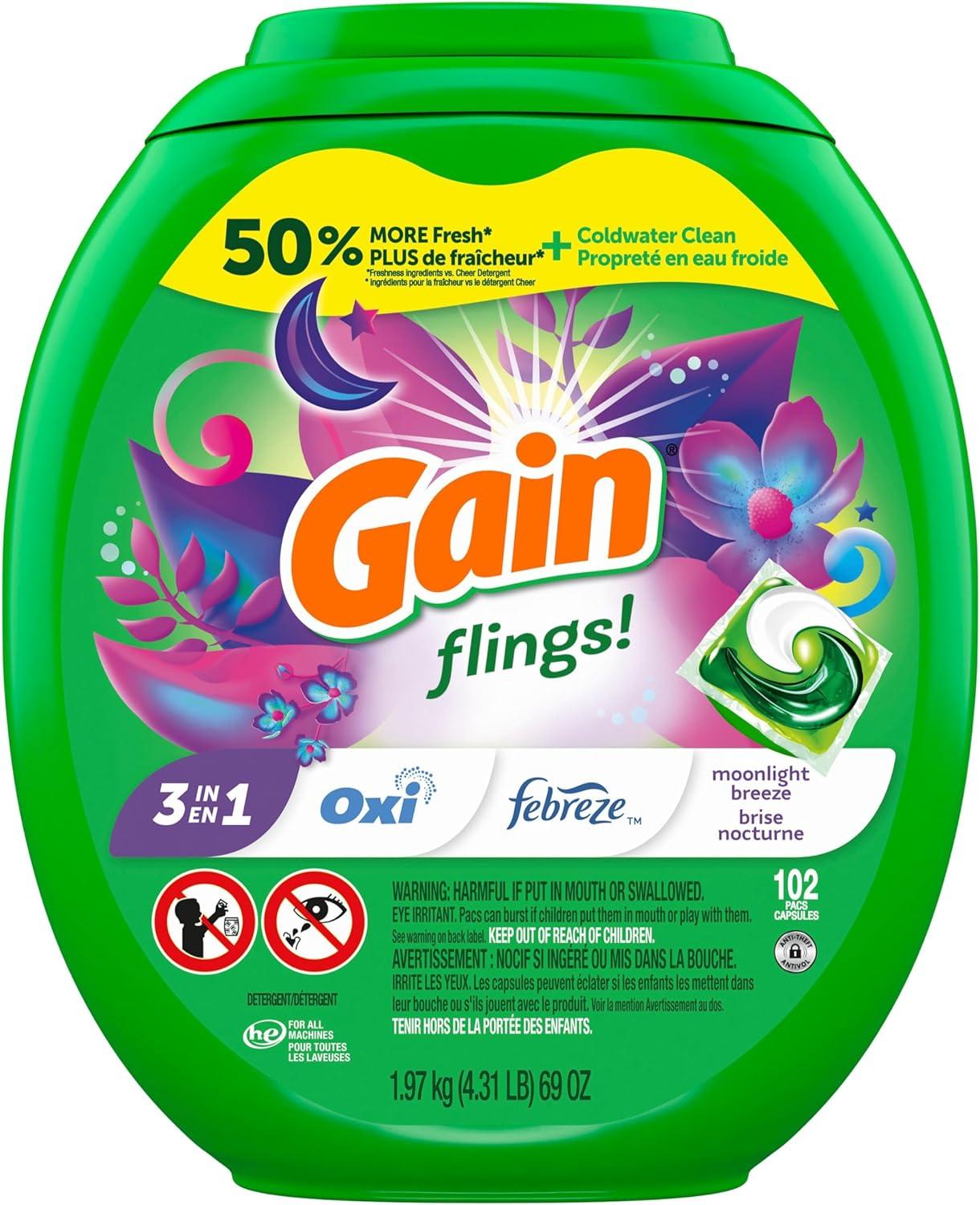 imageGain Flings Liquid Washing Detergent Pods with Odor Defense Color Guard Moonlight Breeze Scent 4in1 Liquid Laundry Detergent Pacs Clean amp Fresh 42 Count Packaging May VaryMoonlight Breeze
