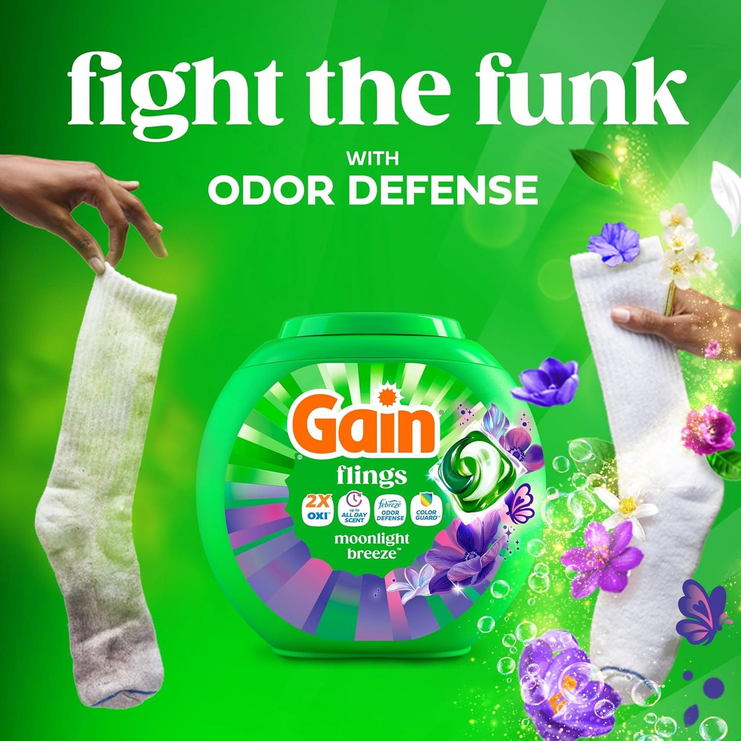 imageGain Flings Liquid Washing Detergent Pods with Odor Defense Color Guard Moonlight Breeze Scent 4in1 Liquid Laundry Detergent Pacs Clean amp Fresh 42 Count Packaging May VaryMoonlight Breeze