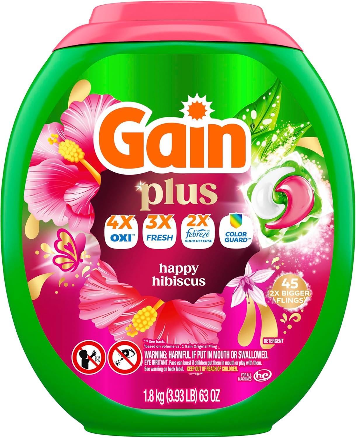 imageGain Plus Flings Liquid Washing Detergent Pods Gains Best Clean AllInOne Happy Hibiscus Scent Laundry Pacs 45 Count Packaging May VaryHibiscus Hula