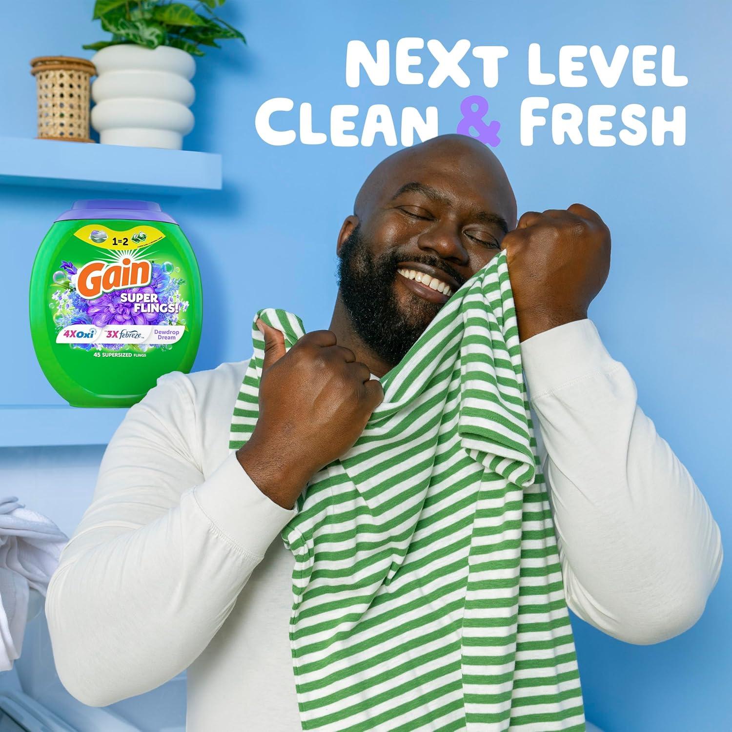 imageGain Super Flings Laundry Detergent Pacs 45 Count Dewdrop Dream scent clean and fresh washing detergent laundry soap pacs1 Count Pack of 32