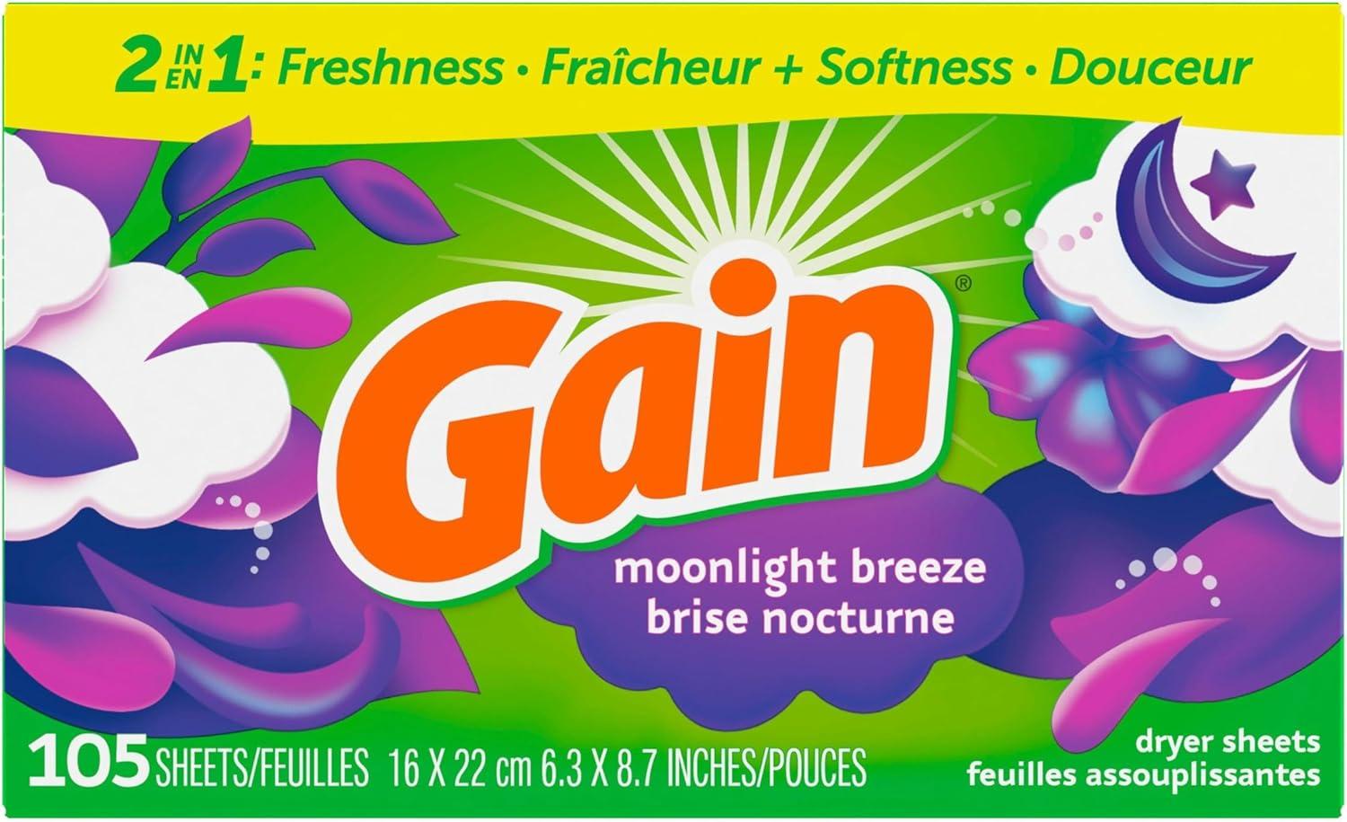imageGain dryer sheets 105 Count Moonlight Breeze Scent Laundry Fabric Softener Sheets with 2in1 Aromaboost Plus Softness105 Count Pack of 1