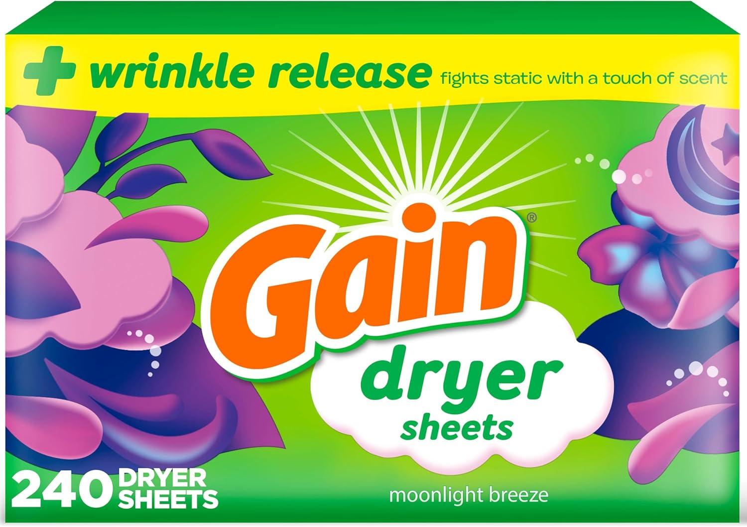 imageGain dryer sheets Plus Wrinkle Release Moonlight Breeze Scent 120 Count Fights static with a touch of scent laundry sheetsMoonlight Breeze