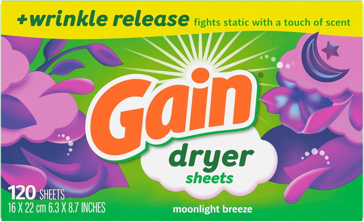 imageGain dryer sheets Plus Wrinkle Release Moonlight Breeze Scent 120 Count Fights static with a touch of scent laundry sheetsMoonlight Breeze