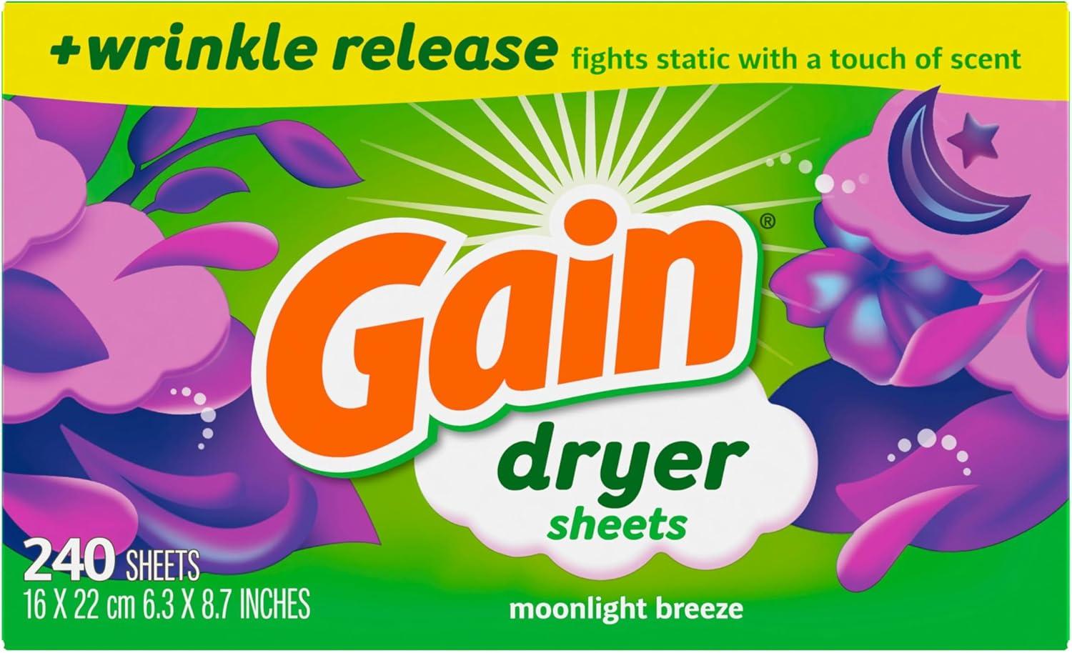 imageGain dryer sheets Plus Wrinkle Release Moonlight Breeze Scent 120 Count Fights static with a touch of scent laundry sheetsMoonlight Breeze