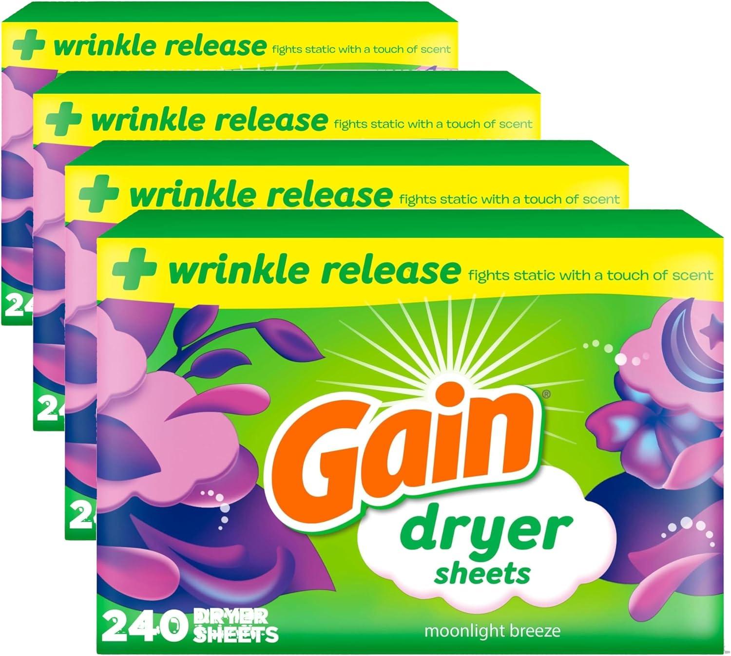 imageGain dryer sheets Plus Wrinkle Release Moonlight Breeze Scent 120 Count Fights static with a touch of scent laundry sheetsMoonlight Breeze