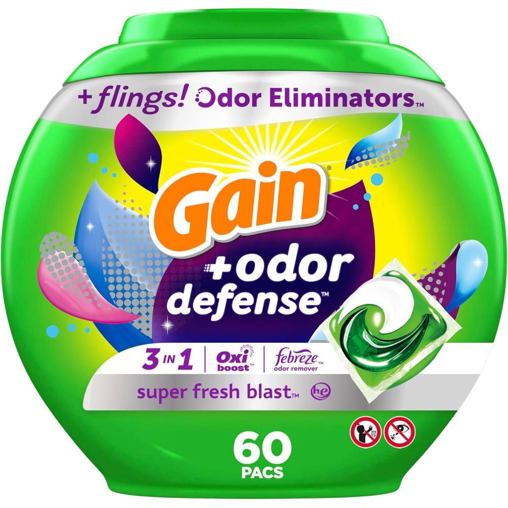 imageGain Flings Laundry Detergent Pacs with Odor Defense 76 Count Super Fresh Blast Scent HE 3in1 Detergent Pacs with Febreze and OxiSuper Fresh Blast