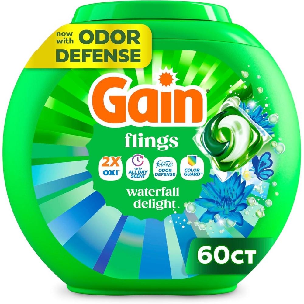 imageGain Flings Liquid Washing Detergent Pods Now with Odor Defense Color Guard Waterfall Delight Scent 4In1 liquid laundry detergent pacs clean amp fresh 76 Count Packaging May VaryWaterfall Delight