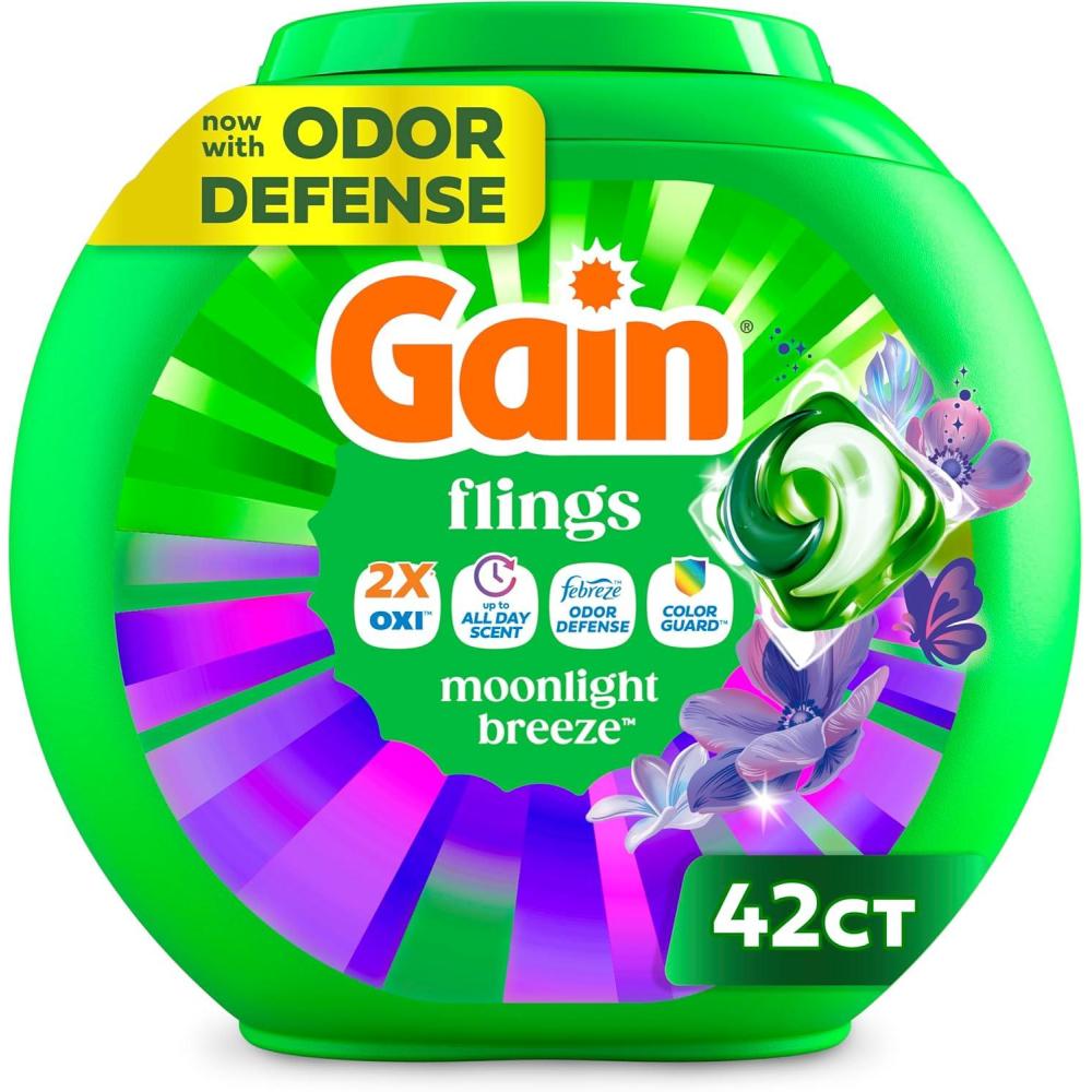 imageGain Flings Liquid Washing Detergent Pods with Odor Defense Color Guard Moonlight Breeze Scent 4in1 Liquid Laundry Detergent Pacs Clean amp Fresh 42 Count Packaging May VaryMoonlight Breeze