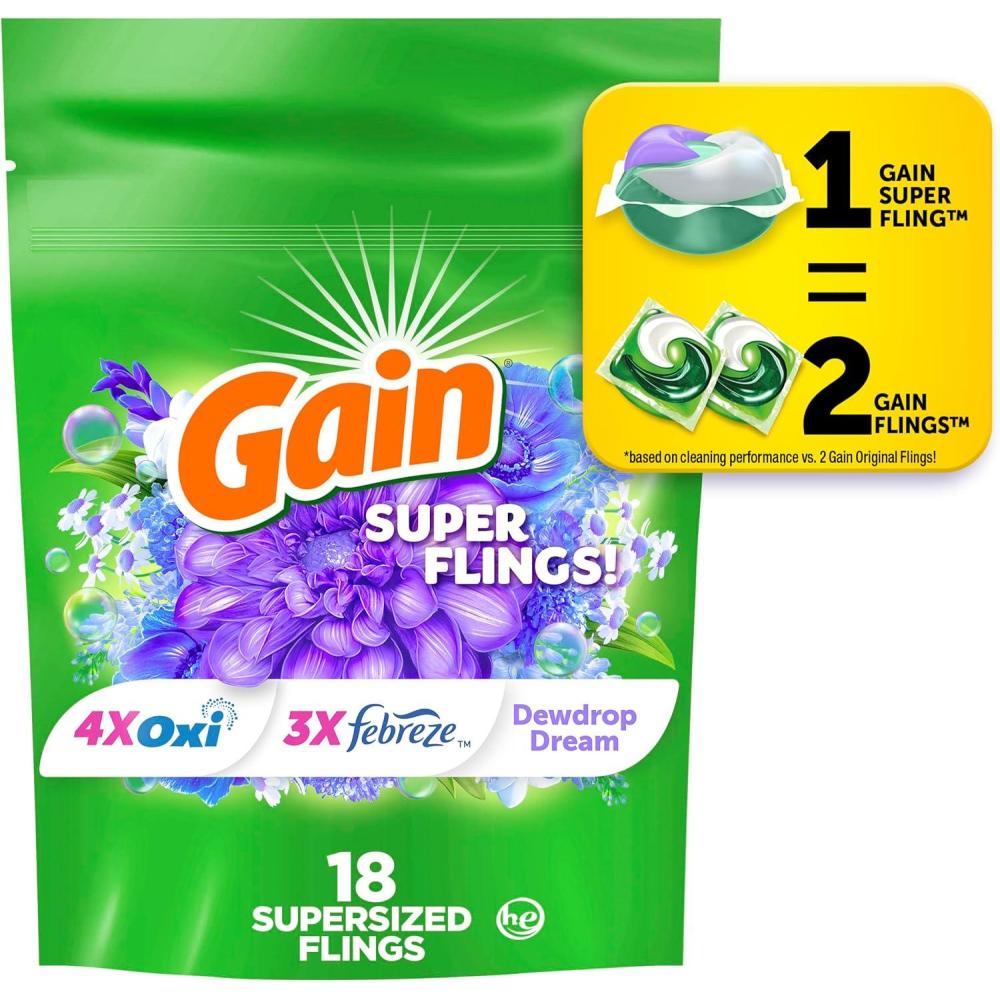 imageGain Super Flings Laundry Detergent Pacs 45 Count Dewdrop Dream scent clean and fresh washing detergent laundry soap pacs1 Count Pack of 18