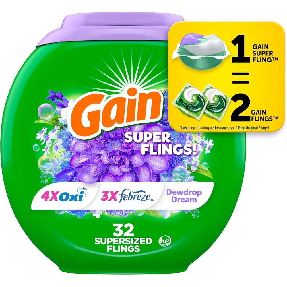 imageGain Super Flings Laundry Detergent Pacs 45 Count Dewdrop Dream scent clean and fresh washing detergent laundry soap pacs1 Count Pack of 32