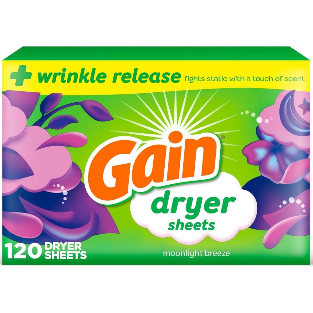 imageGain dryer sheets Plus Wrinkle Release Moonlight Breeze Scent 120 Count Fights static with a touch of scent laundry sheetsMoonlight Breeze