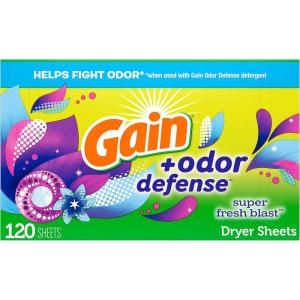Gain Dryer Sheets Plus Odor Defense, Super Fresh Blast Scent, 120 Count, Helps fight static and odor, laundry sheets(Super Fresh Blast)