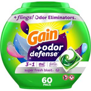 Gain Flings Laundry Detergent Pacs with Odor Defense, 76 Count, Super Fresh Blast Scent, HE 3in1 Detergent Pacs with Febreze and Oxi(Super Fresh Blast)