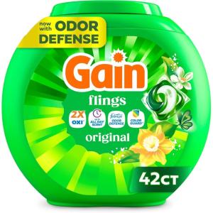 Gain Flings Liquid Washing Detergent Pacs, Now with Odor Defense + Color Guard, Original Scent, 4-In-1 Liquid Laundry Detergent Pods, Clean & Fresh, 76 Count (Packaging May Vary)(Original)