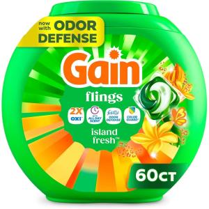 Gain Flings Liquid Washing Detergent Pacs with Odor Defense + Color Guard, Island Fresh Scent, 4-In-1 Liquid Laundry Detergent Pods, Clean & Fresh, 60 Count (Packaging May Vary)(Island Fresh)