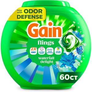Gain Flings Liquid Washing Detergent Pods, Now with Odor Defense + Color Guard, Waterfall Delight Scent, 4-In-1 liquid laundry detergent pacs, clean & fresh, 76 Count (Packaging May Vary)(Waterfall Delight)