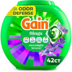 Gain Flings Liquid Washing Detergent Pods with Odor Defense + Color Guard, Moonlight Breeze Scent, 4-in-1 Liquid Laundry Detergent Pacs, Clean & Fresh, 42 Count (Packaging May Vary)(Moonlight Breeze)