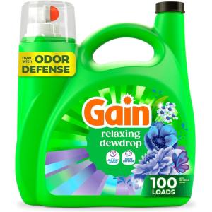 Gain Liquid Laundry Detergent, Now with Odor Defense, Relaxing Dewdrop Scent, 132 fl oz, 100 Loads (Packaging May Vary)