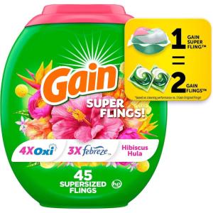 Gain Plus Flings Liquid Washing Detergent Pods, Gain’s Best Clean, All-In-One, Happy Hibiscus Scent Laundry Pacs, 45 Count (Packaging May Vary)(Hibiscus Hula)