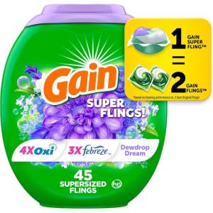 Gain Super Flings Laundry Detergent Pacs, 45 Count, Dewdrop Dream scent, clean and fresh washing detergent laundry soap pacs(1 Count (Pack of 45))